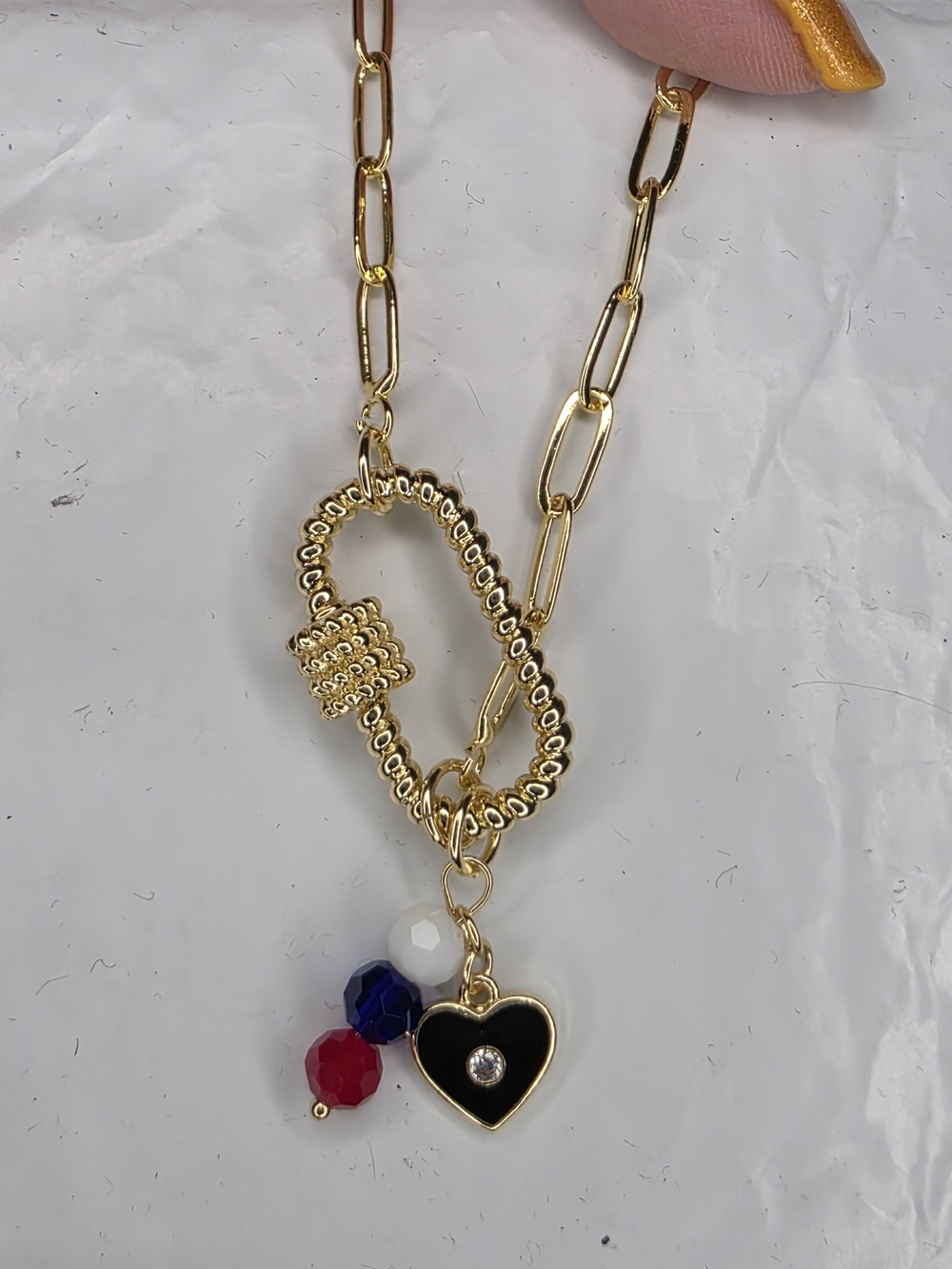 Gold Heart Charm Necklace with Black Enamel and Trio Beads